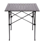 Lightweight black camp table folded flat