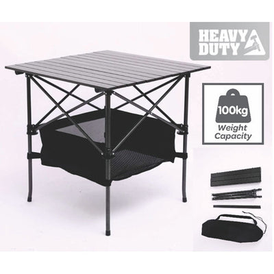Black portable folding camping picnic table set up outdoors
