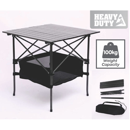Black portable folding camping picnic table set up outdoors