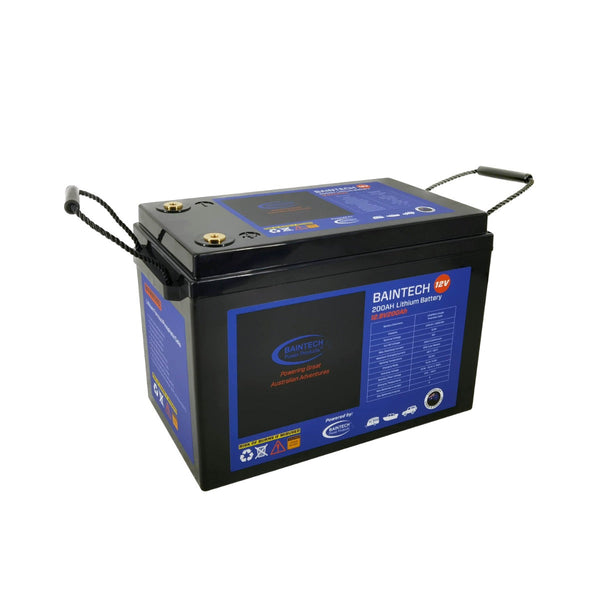 Baintech 12.8 V 200 Ah lithium deep‑cycle battery with Bluetooth BMS front view