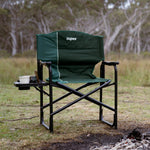 Foldable side table has cup holder and phone holder.