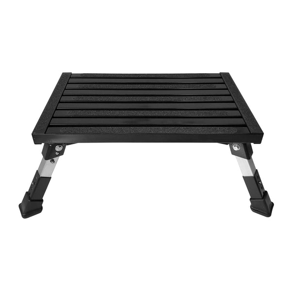 Black single folding caravan step with adjustable height legs