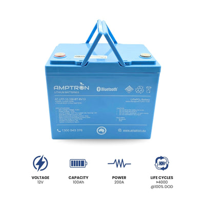 Amptron 12V 100Ah / 200A Continuous Discharge Compact LiFePO4 Battery with Bluetooth