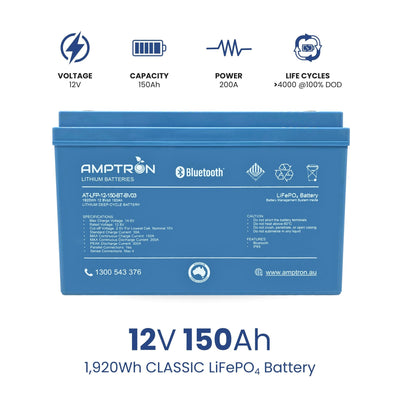 AMPTRON 12V 150Ah 200A Lithium Deep Cycle Battery with Bluetooth