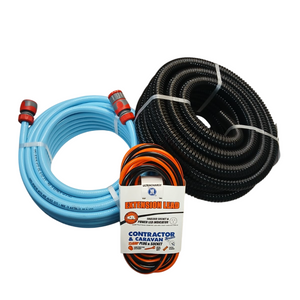 TCA 3 pc Caravan Starter Pack – 15AMP Lead, 25mm Sullage Hose & Food Grade Water Hose
