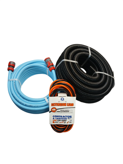 TCA 3 pc Caravan Starter Pack – 15AMP Lead, 25mm Sullage Hose & Food Grade Water Hose