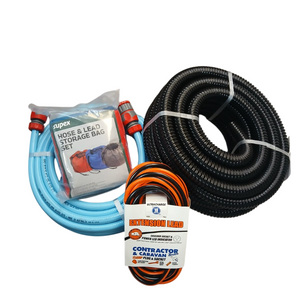 TCA 6pc Caravan Starter Pack – 15AMP Lead, Sullage & Drinking Water Hoses with Storage Bags