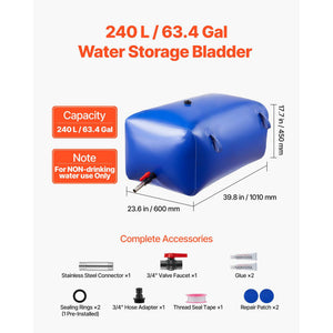Water Storage Bladder 240L Large Capacity Water Bag, Portable & Collapsible Soft Waters Container, Leakproof & Tear-Resistant PVC Emergency Waters Storage Tank for RV Truck & Outdoor Use