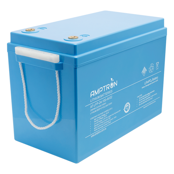 Amptron 24V 100Ah LiFePO4 battery front view with label