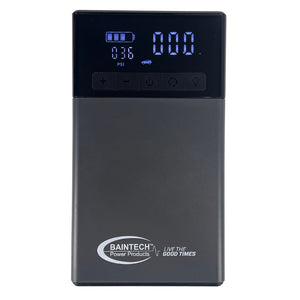 Side view of Baintech jumpstarter showing air compressor hose and digital gauge