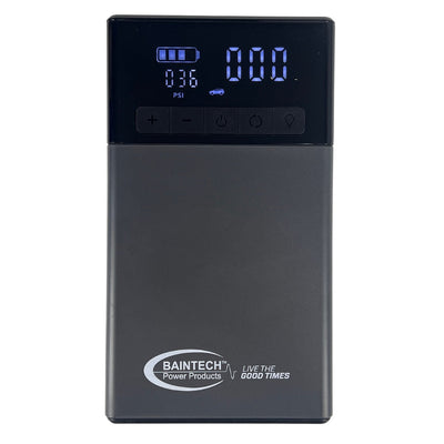 Side view of Baintech jumpstarter showing air compressor hose and digital gauge