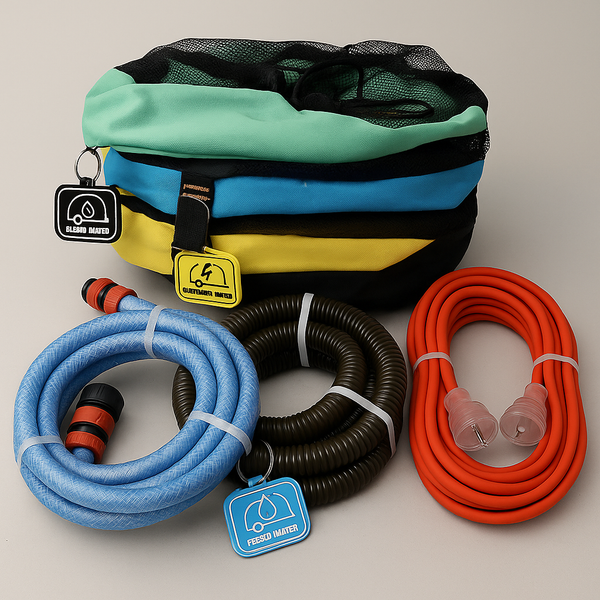 TCA 6pc Caravan Starter Pack – 15AMP Lead, Sullage & Drinking Water Hoses with Storage Bags