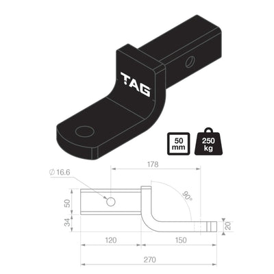 TAG Tow Ball Mount -178mm Long 90 degree Tongue Face 50mm Square Hitch