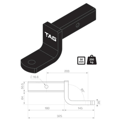 TAG Tow Ball Mount - 203mm Long, 90° Face, 50mm Square Hitch