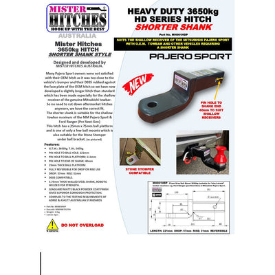 MISTER HITCH HEAVY DUTY 3650kg HD SERIES HITCH SHORTER SHANK
