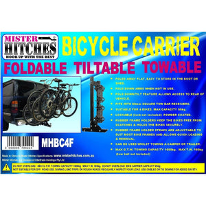 MISTER HITCHES 4 Bike Carrier Hitch Mounted Rack Folds Flat Tillable 1600kg