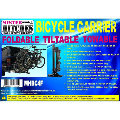MISTER HITCHES 4 Bike Carrier Hitch Mounted Rack Folds Flat Tillable 1600kg
