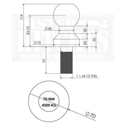 Mister Hitches 70mm Tow Ball 1-1/4" Shank Chrome 4500kg