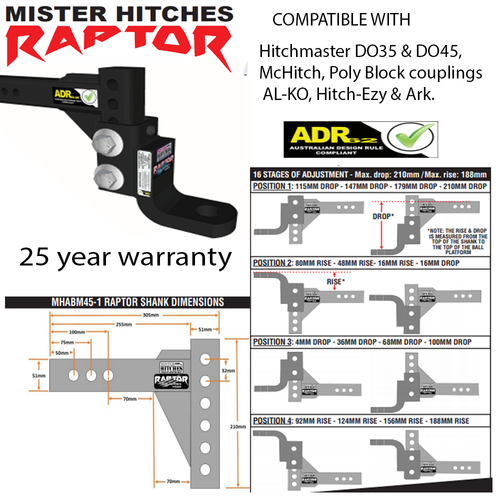 Raptor 4.5T Adjustable 8" Drop Hitch Tow Tongue 7/8" 1-1/4" Ball Pin