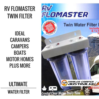 Twin water filter housing unit for RVs and caravans.